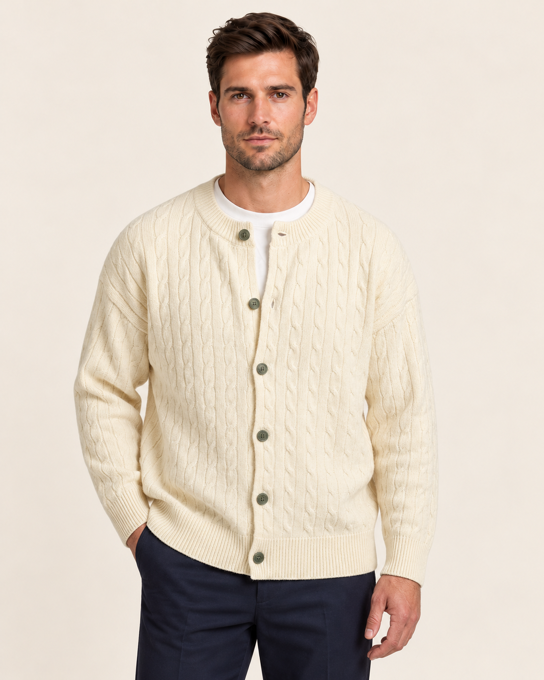 Men's Crew Neck Cable Knit Cardigan with Relaxed Fit