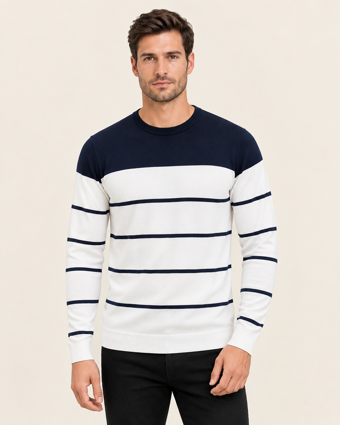 Men's Colour Block Striped Crew Neck Jumper in Royal Blue