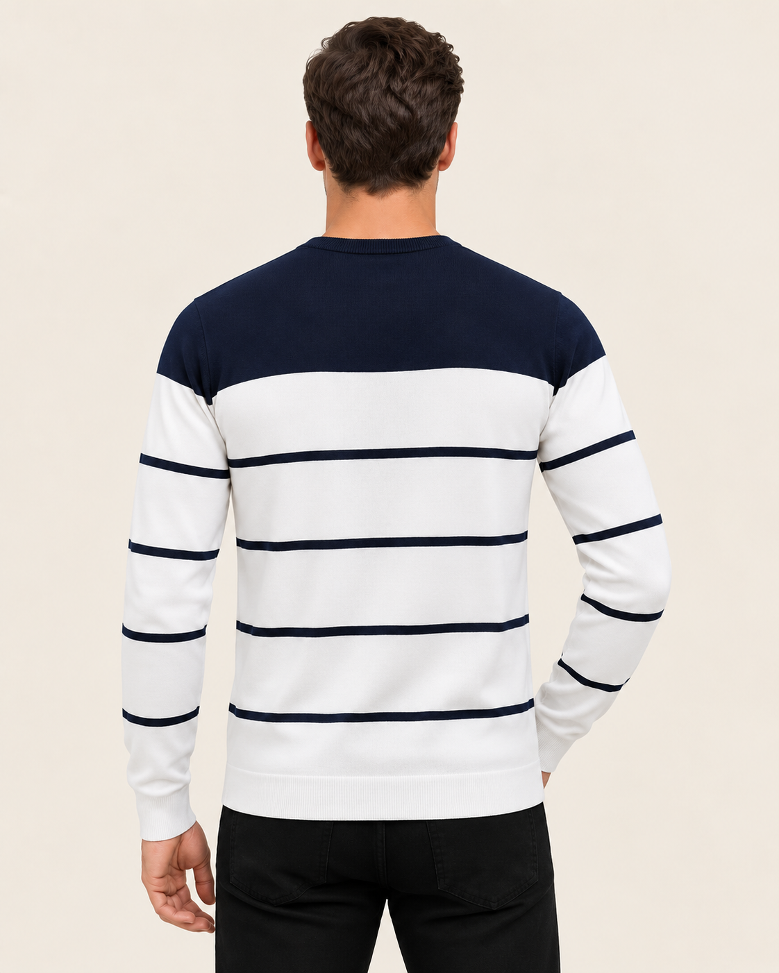 Men's Colour Block Striped Crew Neck Jumper in Royal Blue, back view