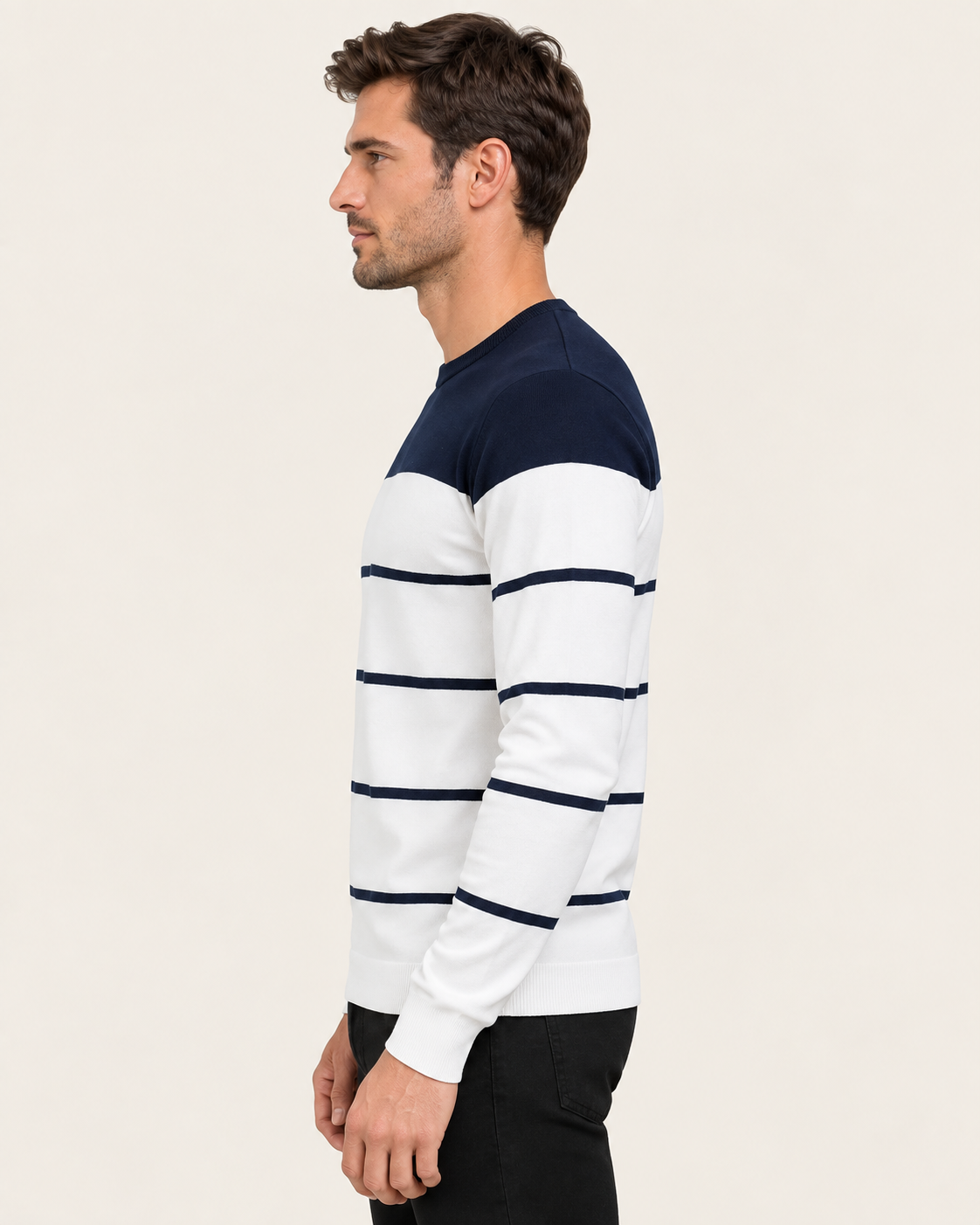 Men's Colour Block Striped Crew Neck Jumper in Royal Blue, side view