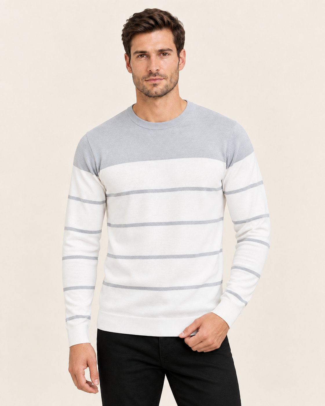 Men's Colour Block Striped Crew Neck Jumper in Grey