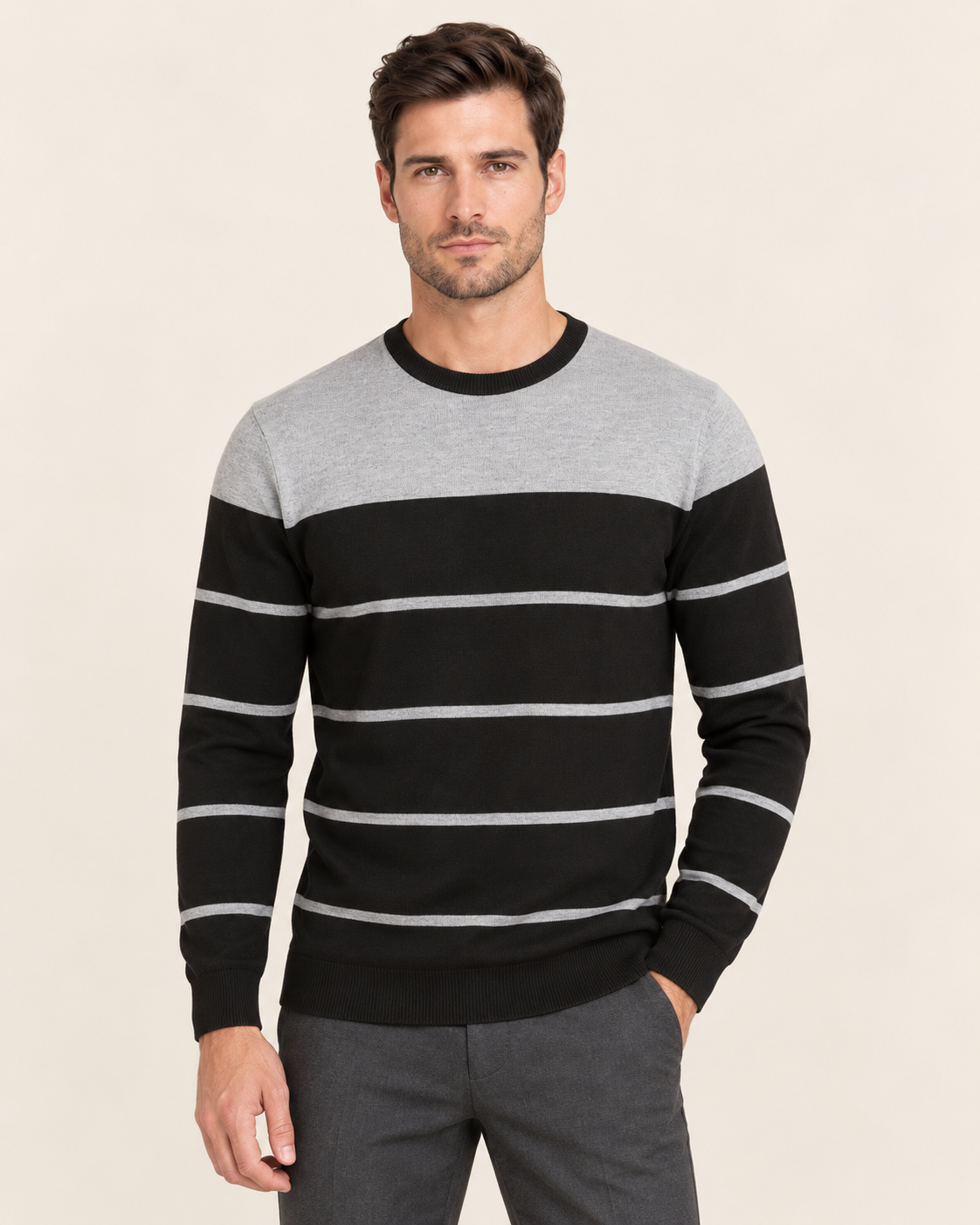 Men's Colour Block Striped Crew Neck Jumper in Deep Grey
