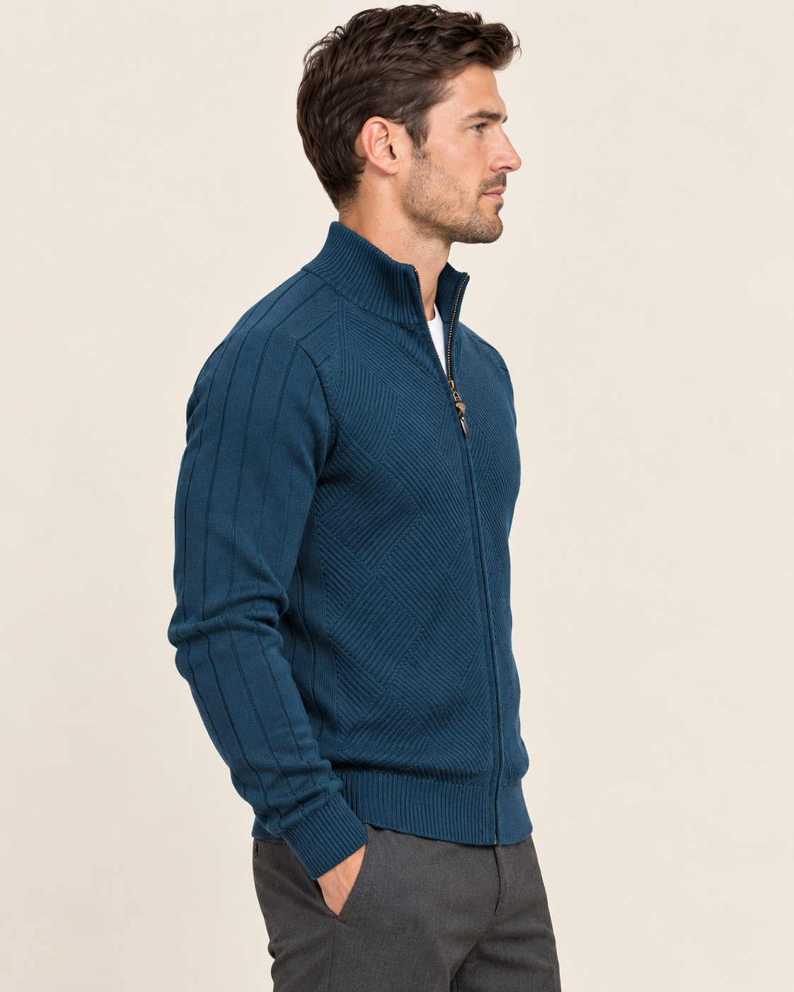 Men's Diamond Textured Zip Up Cardigan with Ribbed Sleeves
