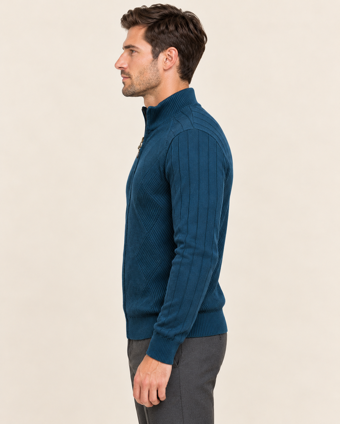 Men's Diamond Textured Zip Up Cardigan with Ribbed Sleeves