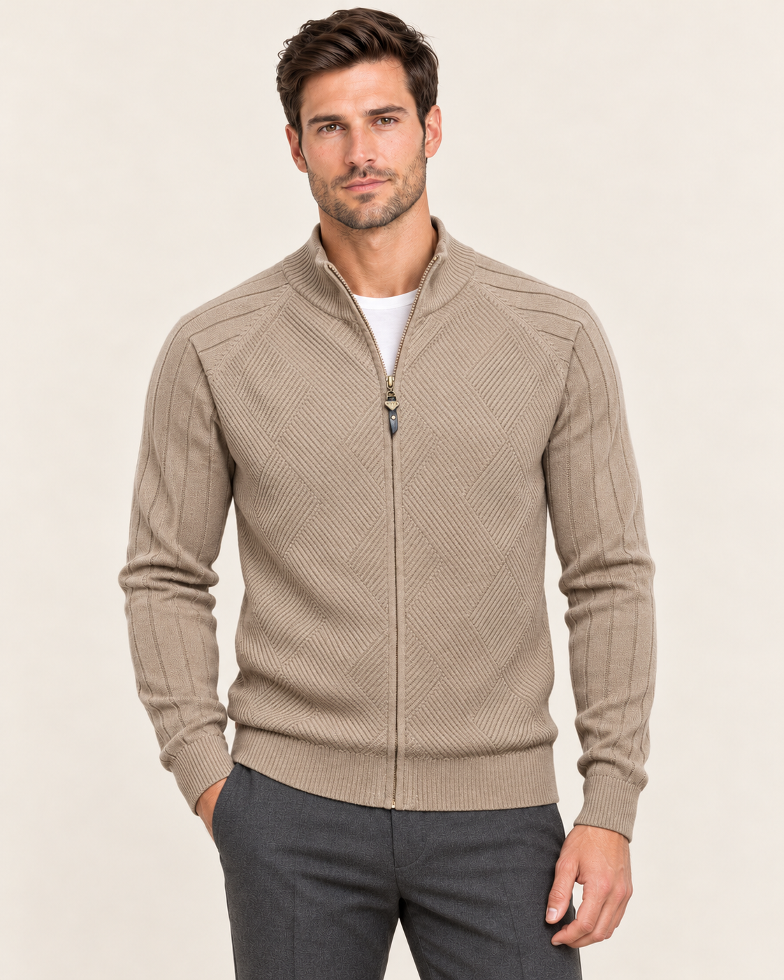 Men's Diamond Textured Zip Up Cardigan with Ribbed Sleeves