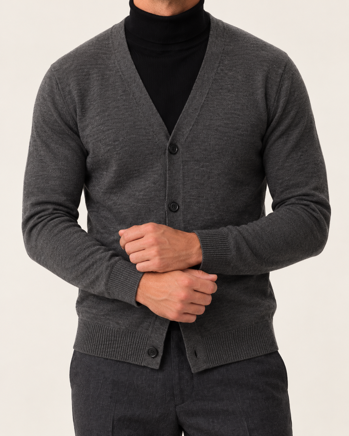 Men's Fine Knit Cotton V Neck Button Cardigan with Ribbed Trims