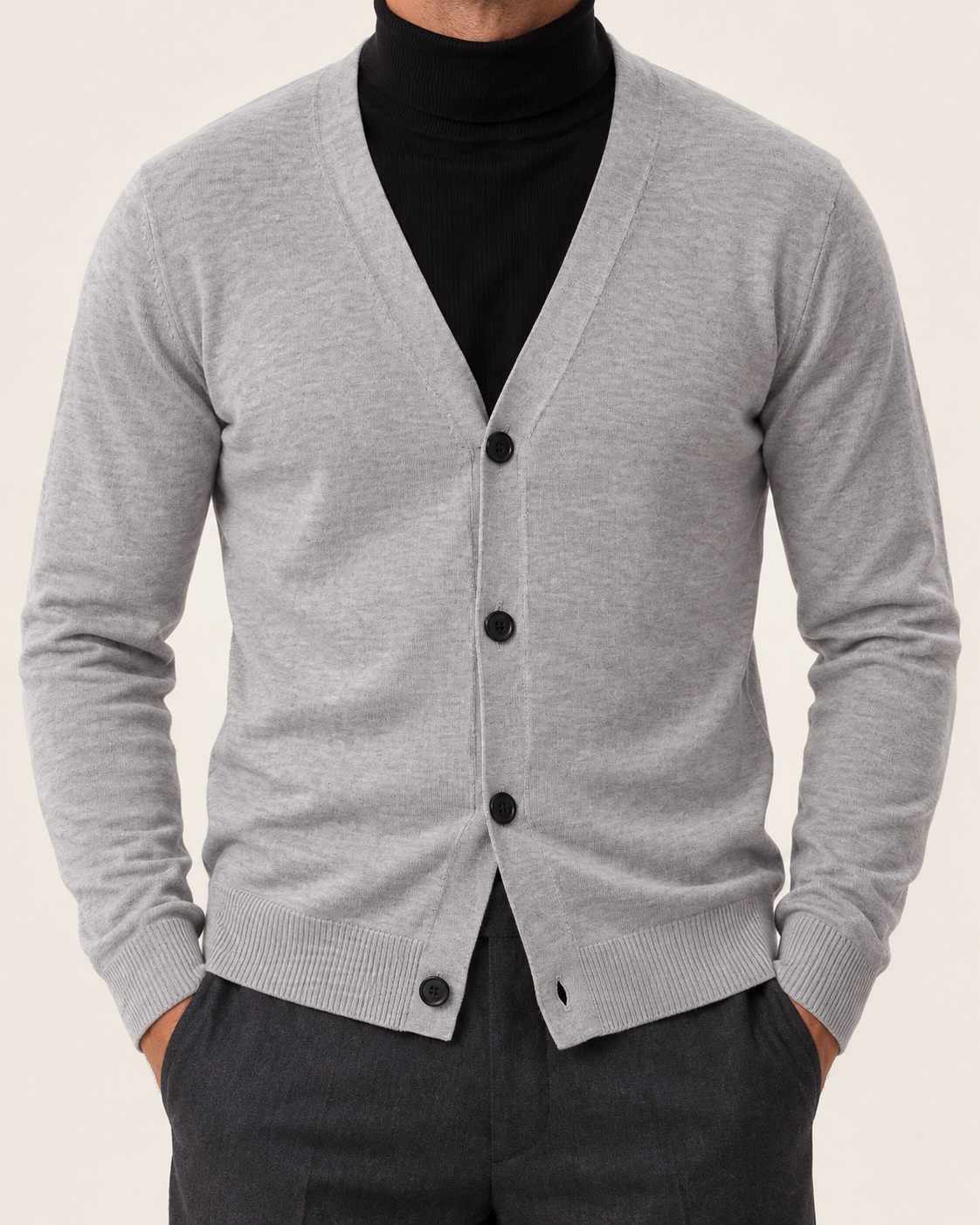 Men's Fine Knit Cotton V Neck Button Cardigan with Ribbed Trims