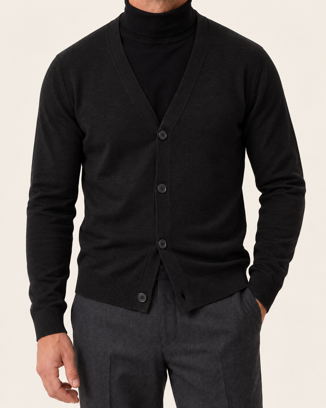 Men's Fine Knit Cotton V Neck Button Cardigan with Ribbed Trims