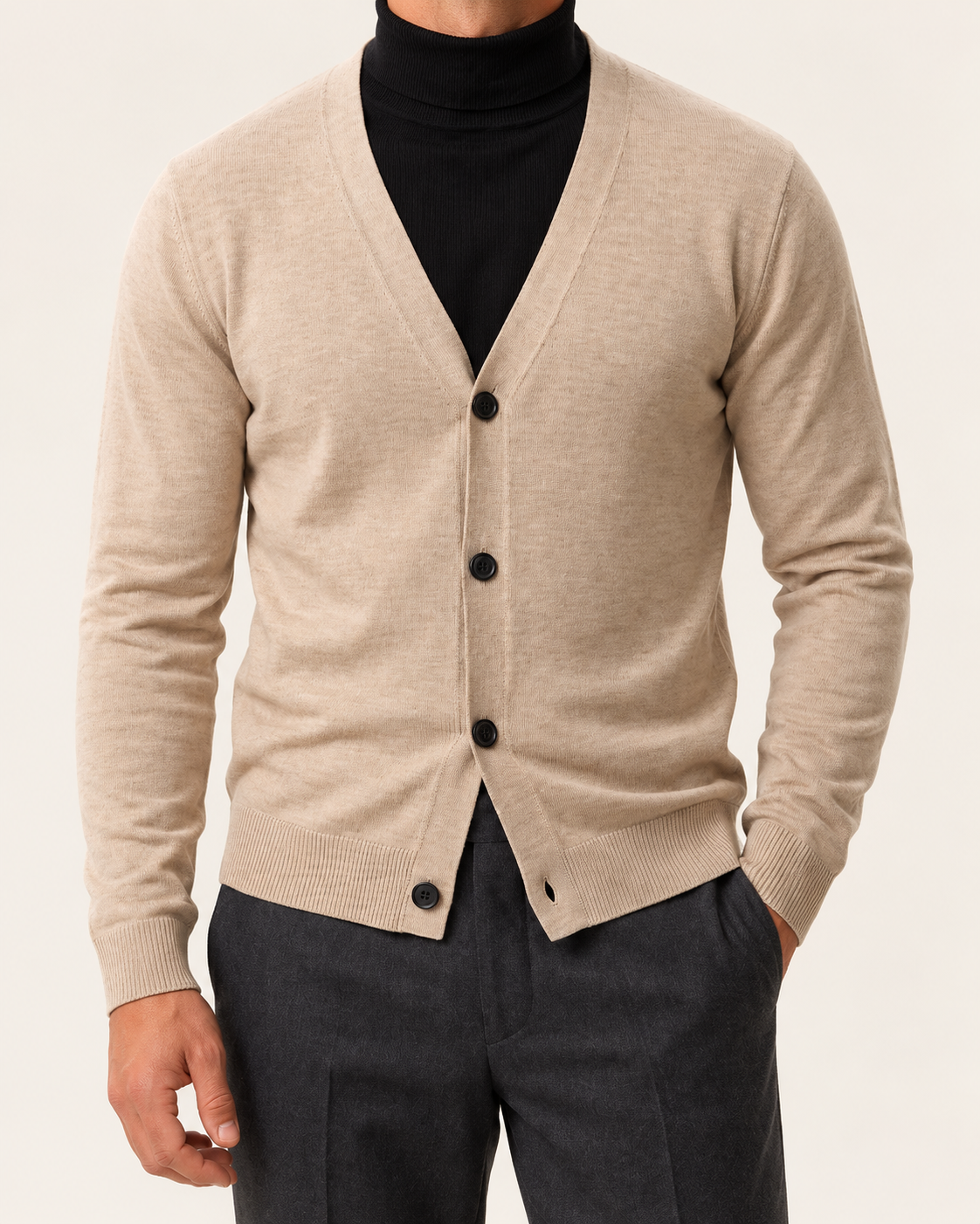 Men's Fine Knit Cotton V Neck Button Cardigan with Ribbed Trims