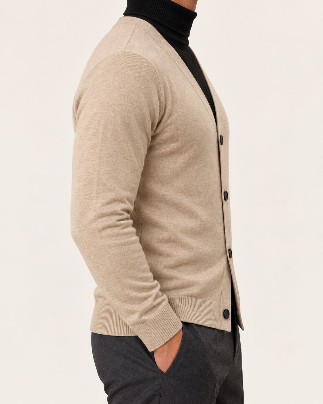 Men's Fine Knit Cotton V Neck Button Cardigan with Ribbed Trims