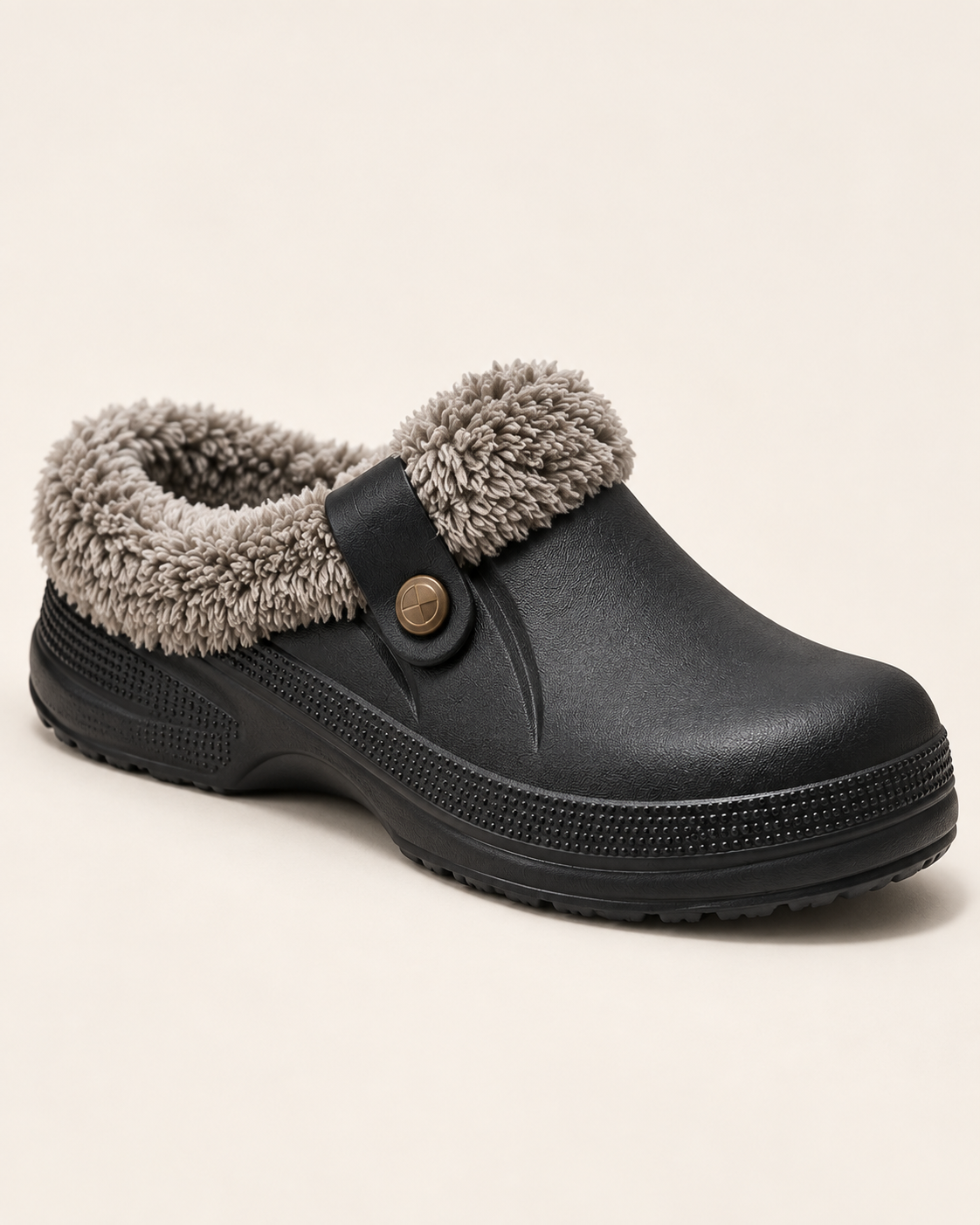 Men's Fleece Lined Clogs with Button Strap and Textured Sole in Black, three quarter view