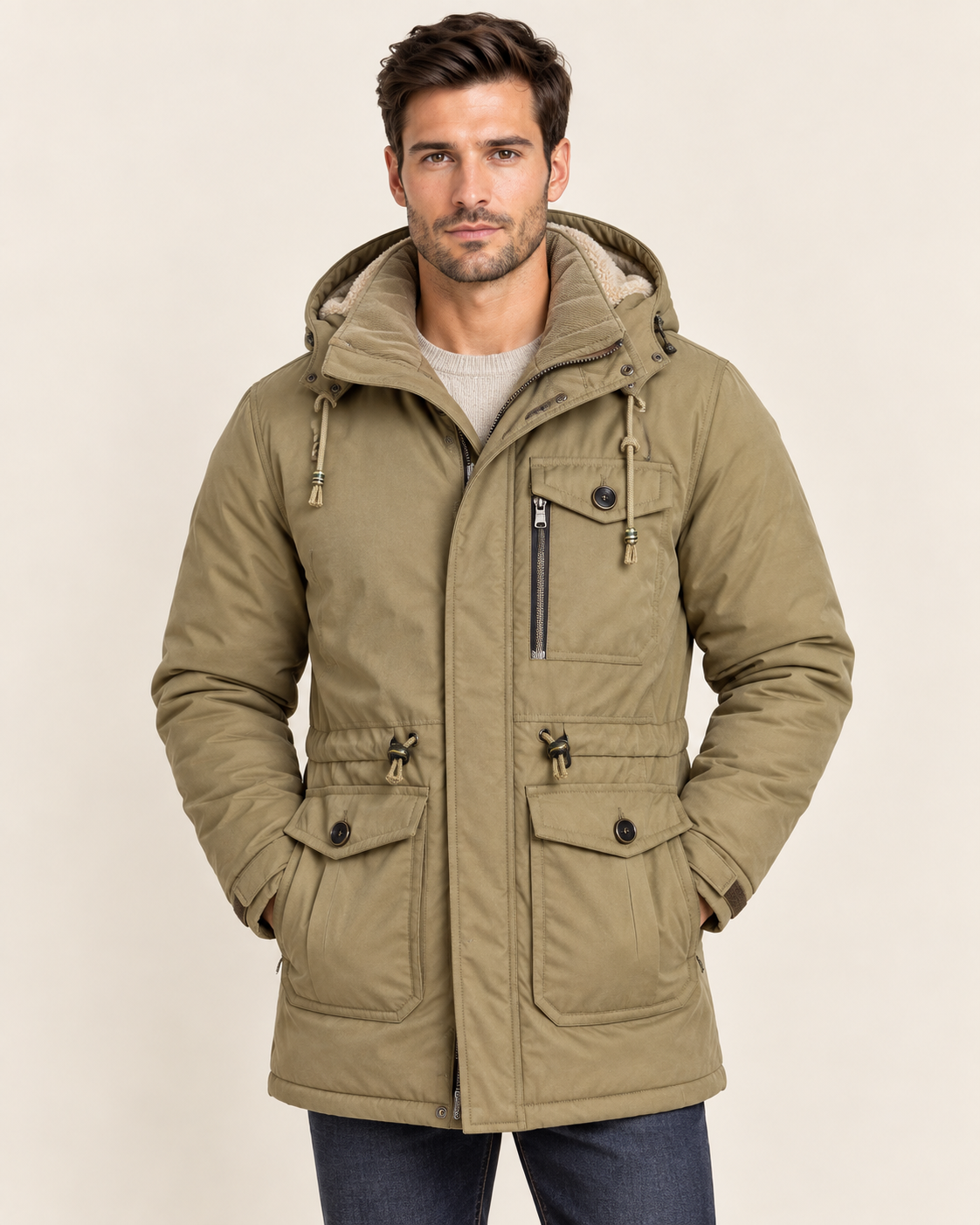 Men's Fleece Lined Parka with Detachable Hood and Flap Pockets in Khaki