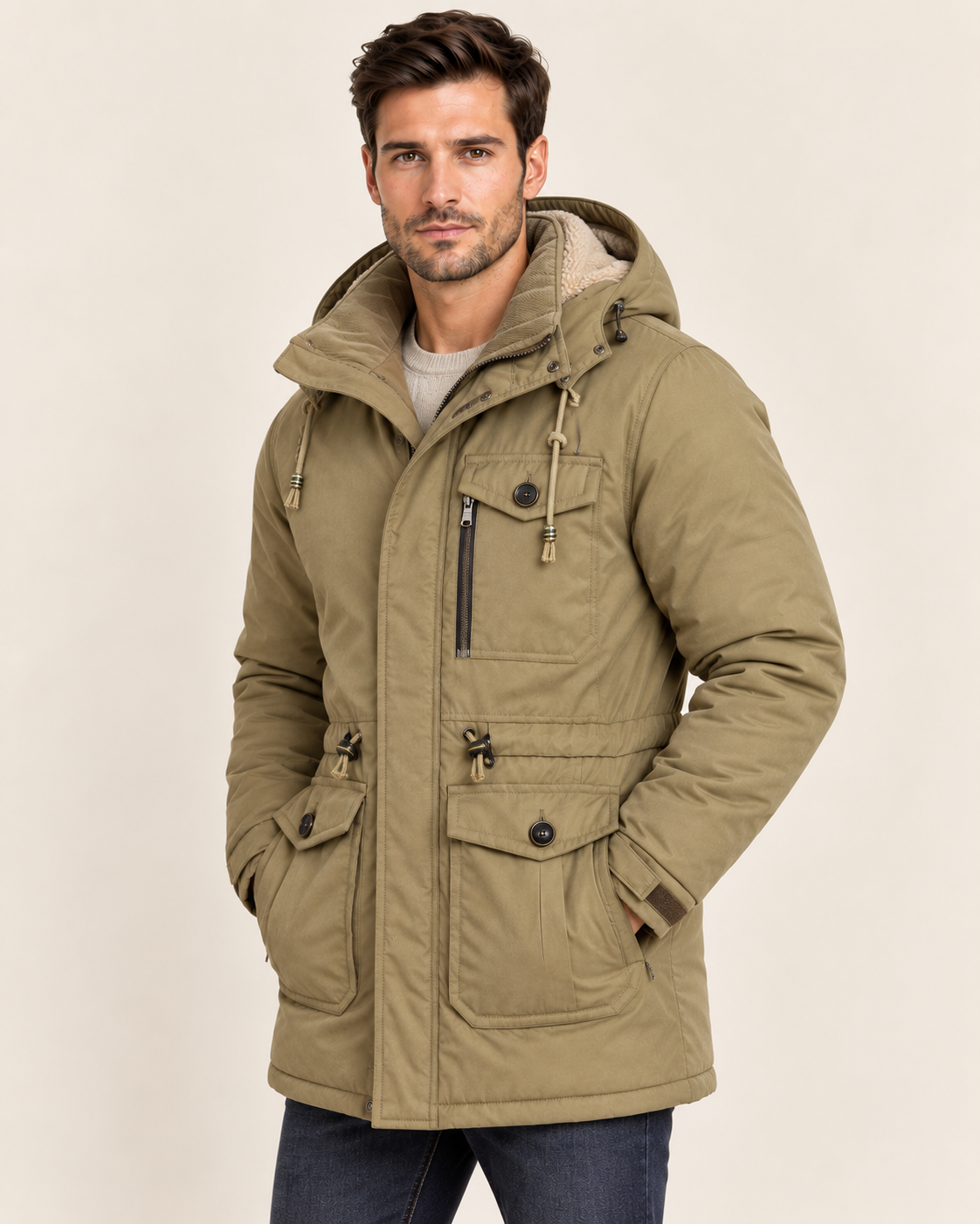Men's Fleece Lined Parka with Detachable Hood and Flap Pockets in Khaki, three quarter view