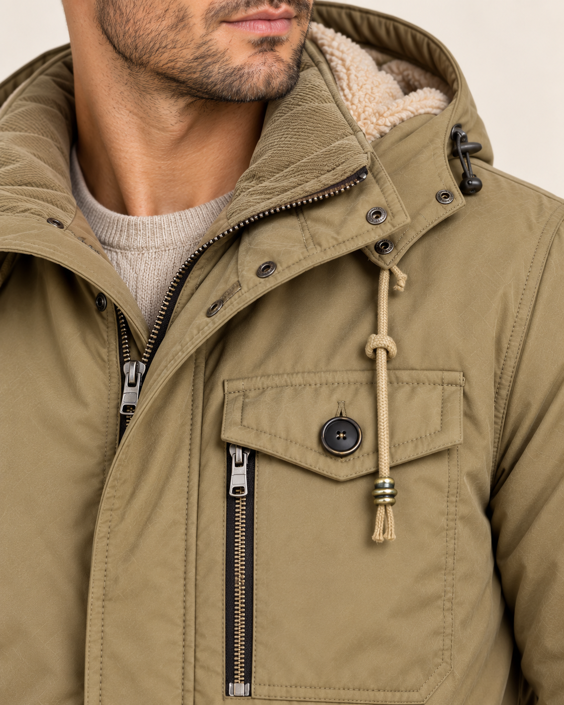 Men's Fleece Lined Parka with Detachable Hood and Flap Pockets in Khaki, close up