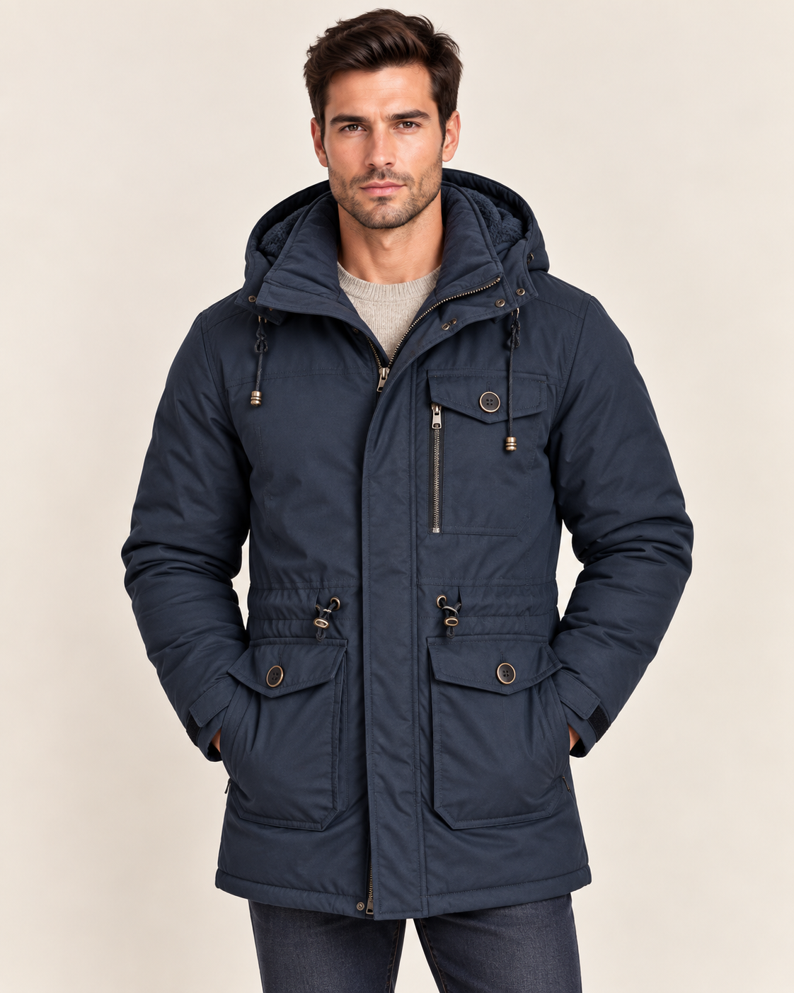 Men's Fleece Lined Parka with Detachable Hood and Flap Pockets in Navy Blue