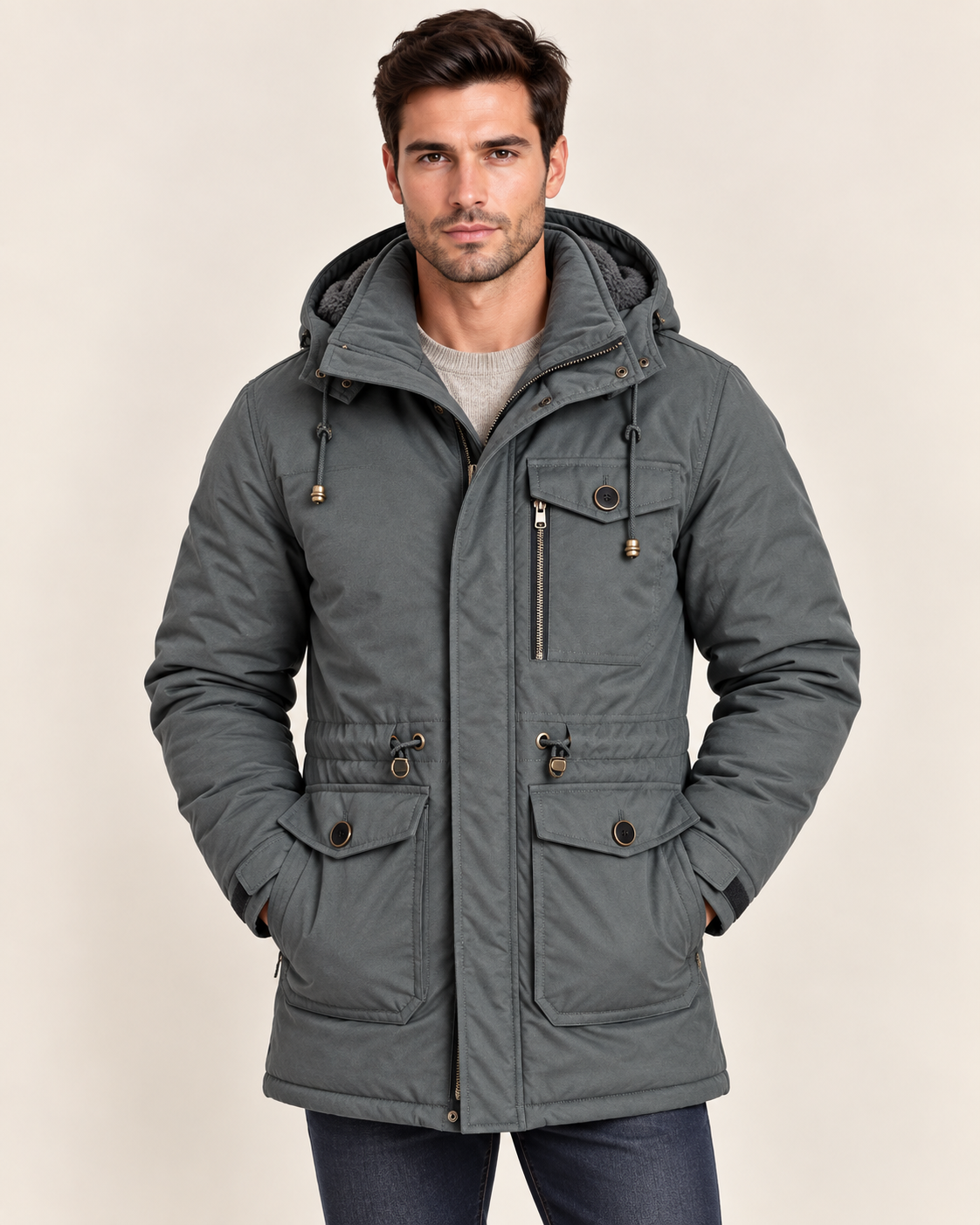 Men's Fleece Lined Parka with Detachable Hood and Flap Pockets in Grey