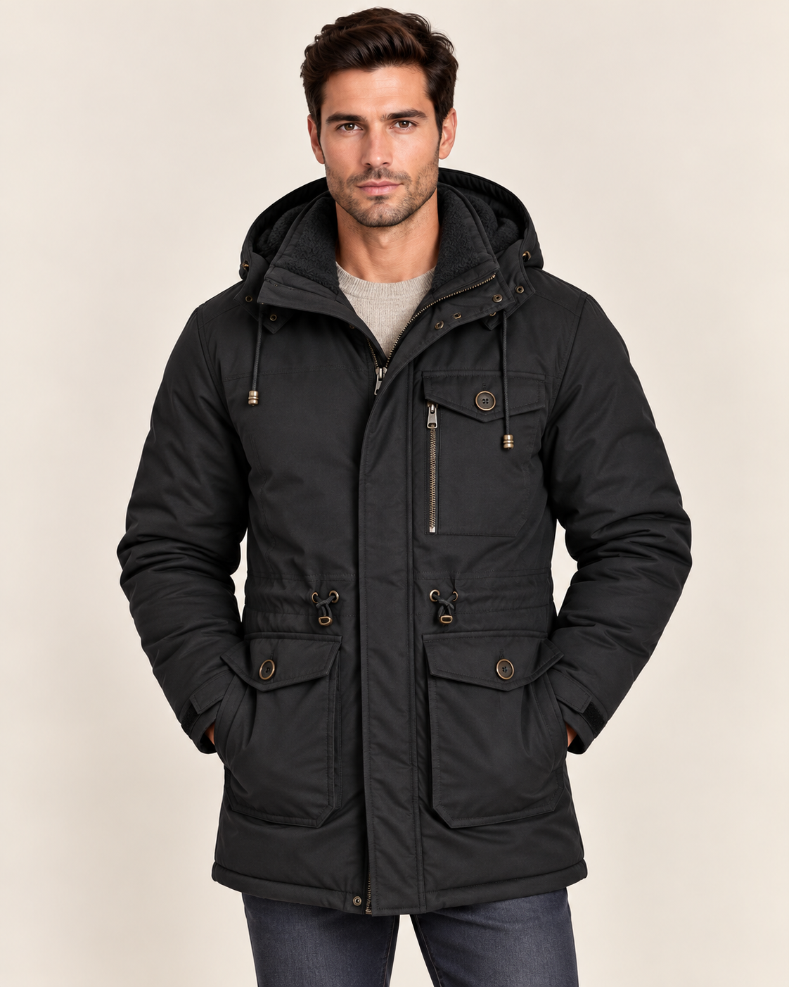 Men's Fleece Lined Parka with Detachable Hood and Flap Pockets in Black