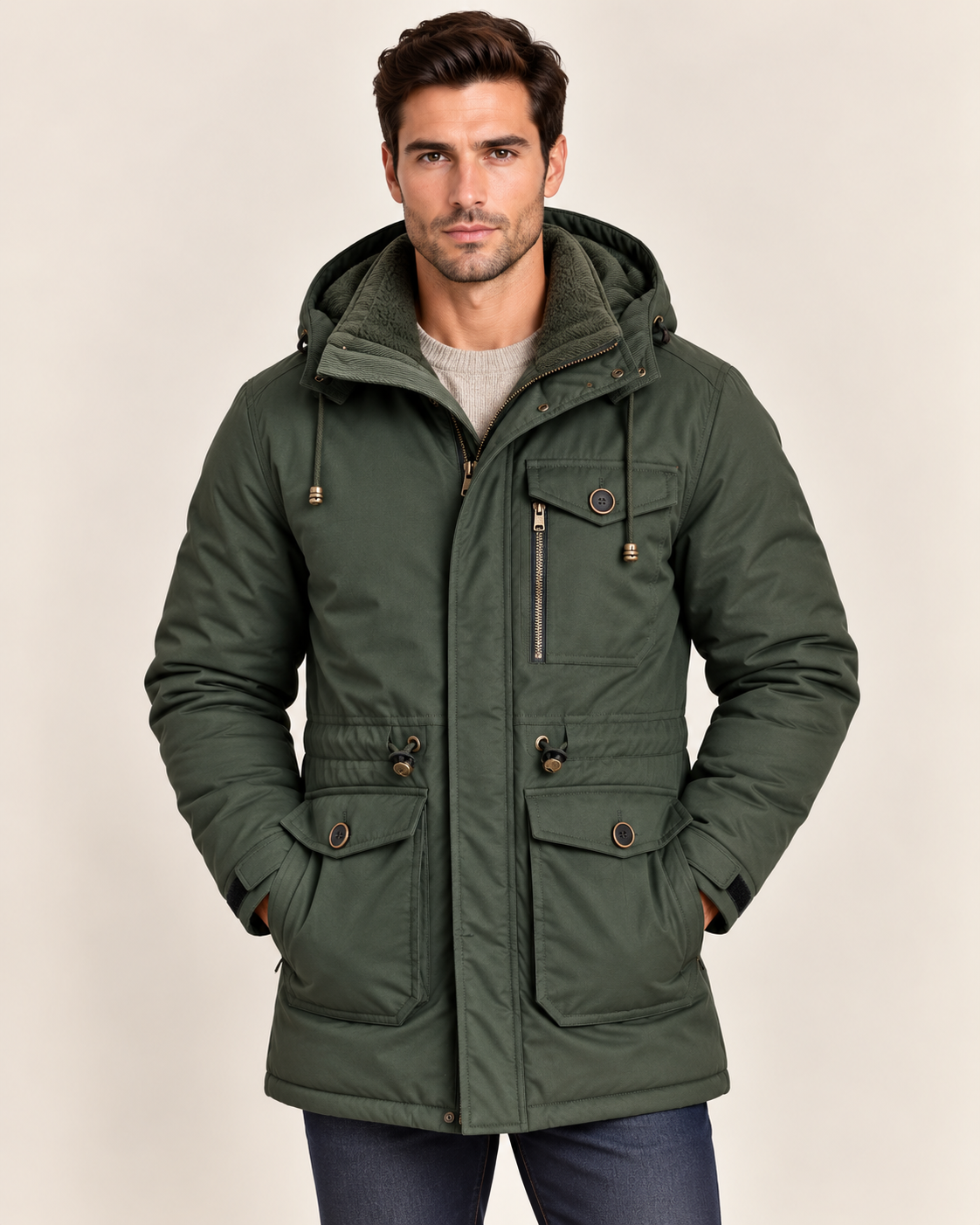 Men's Fleece Lined Parka with Detachable Hood and Flap Pockets in Dark Green