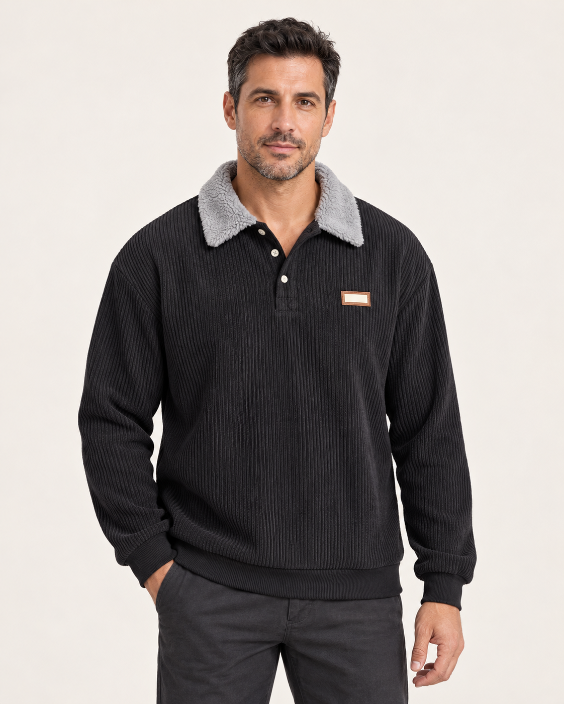 Men's Fleece Collar Ribbed Polo Jumper in Black