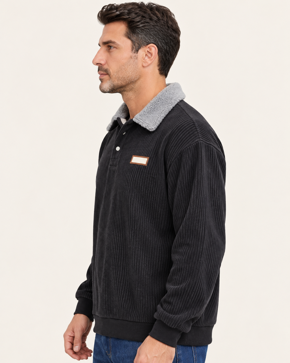 Men's Fleece Collar Ribbed Polo Jumper in Black, side view