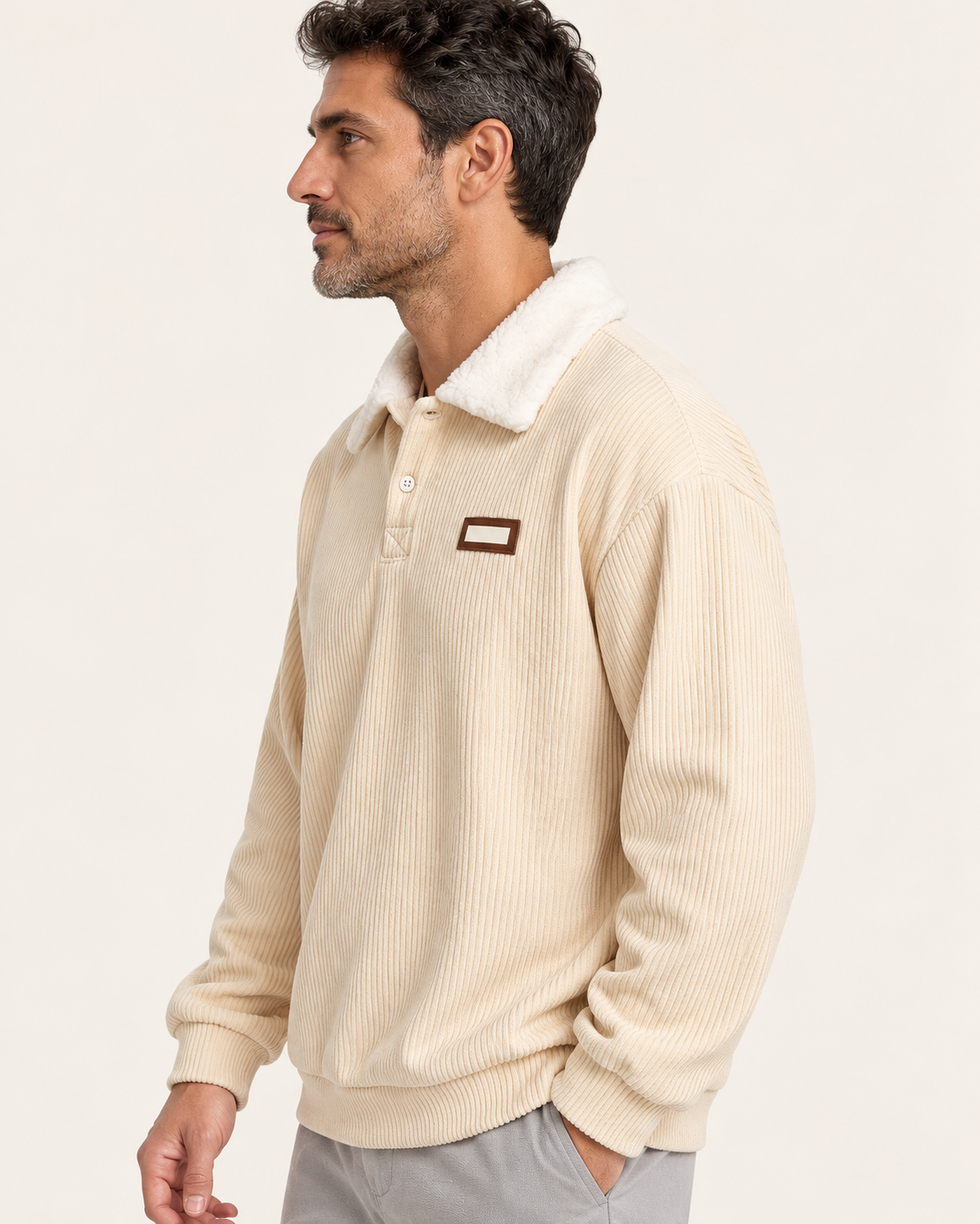 Men's Fleece Collar Ribbed Polo Jumper in Beige, side view
