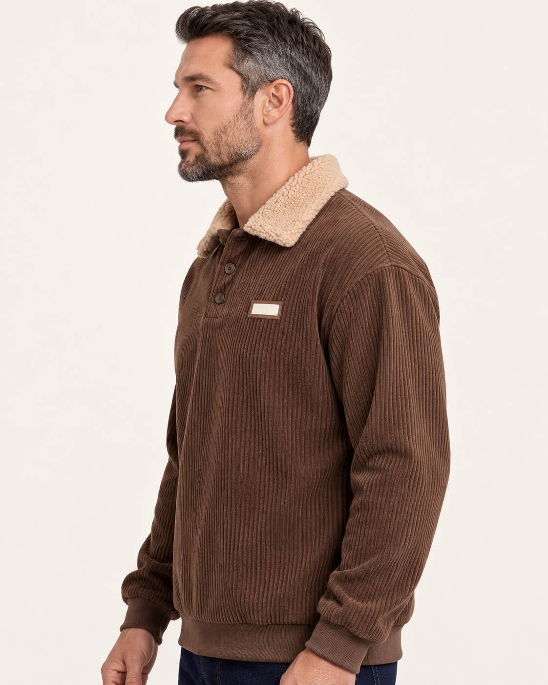 Men's Fleece Collar Ribbed Polo Jumper in Brown, side view