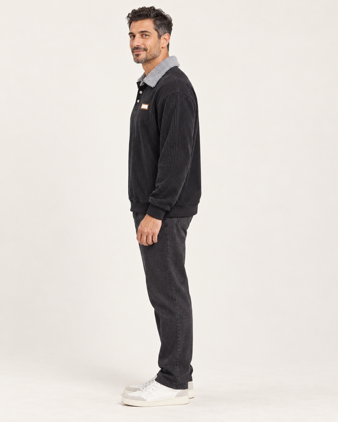 Men's Fleece Collar Ribbed Polo Jumper in Black, side view