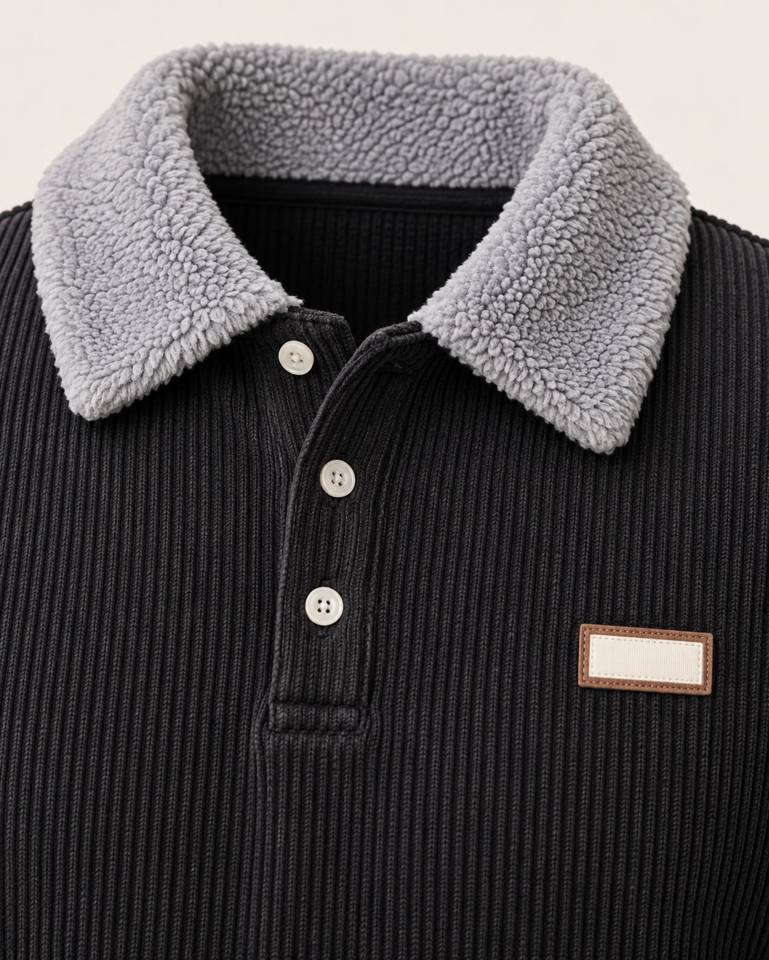 Men's Fleece Collar Ribbed Polo Jumper in Black, collar detail
