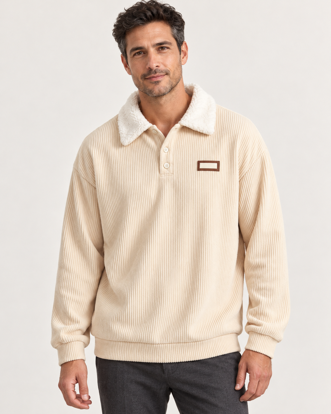 Men's Fleece Collar Ribbed Polo Jumper in Beige