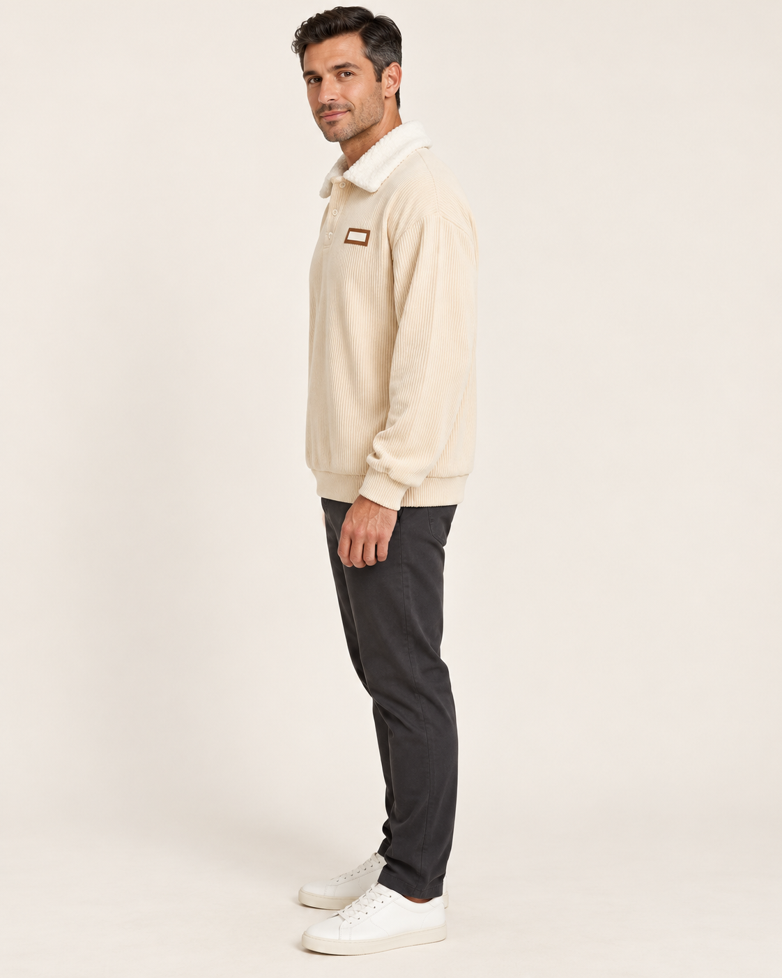 Men's Fleece Collar Ribbed Polo Jumper in Beige, side view