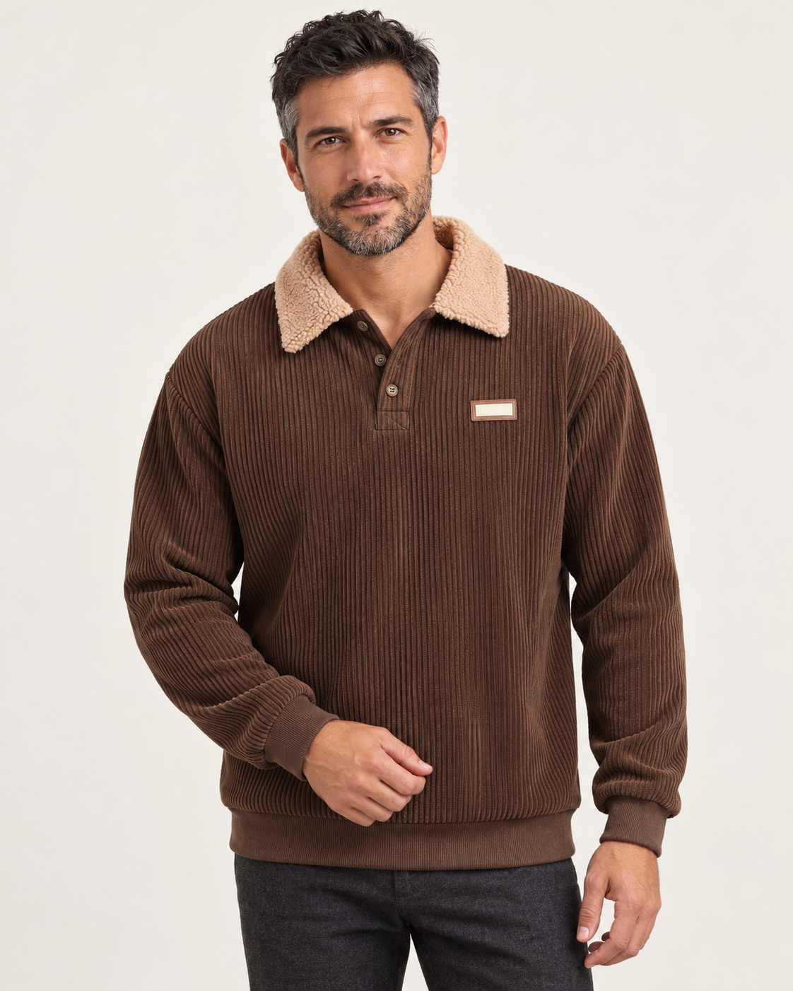 Men's Fleece Collar Ribbed Polo Jumper in Brown