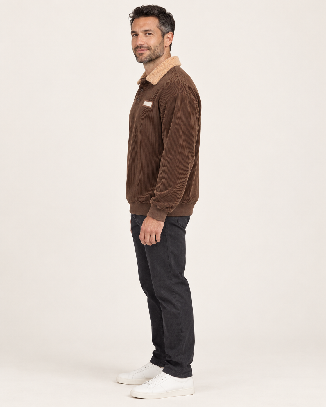 Men's Fleece Collar Ribbed Polo Jumper in Brown, side view