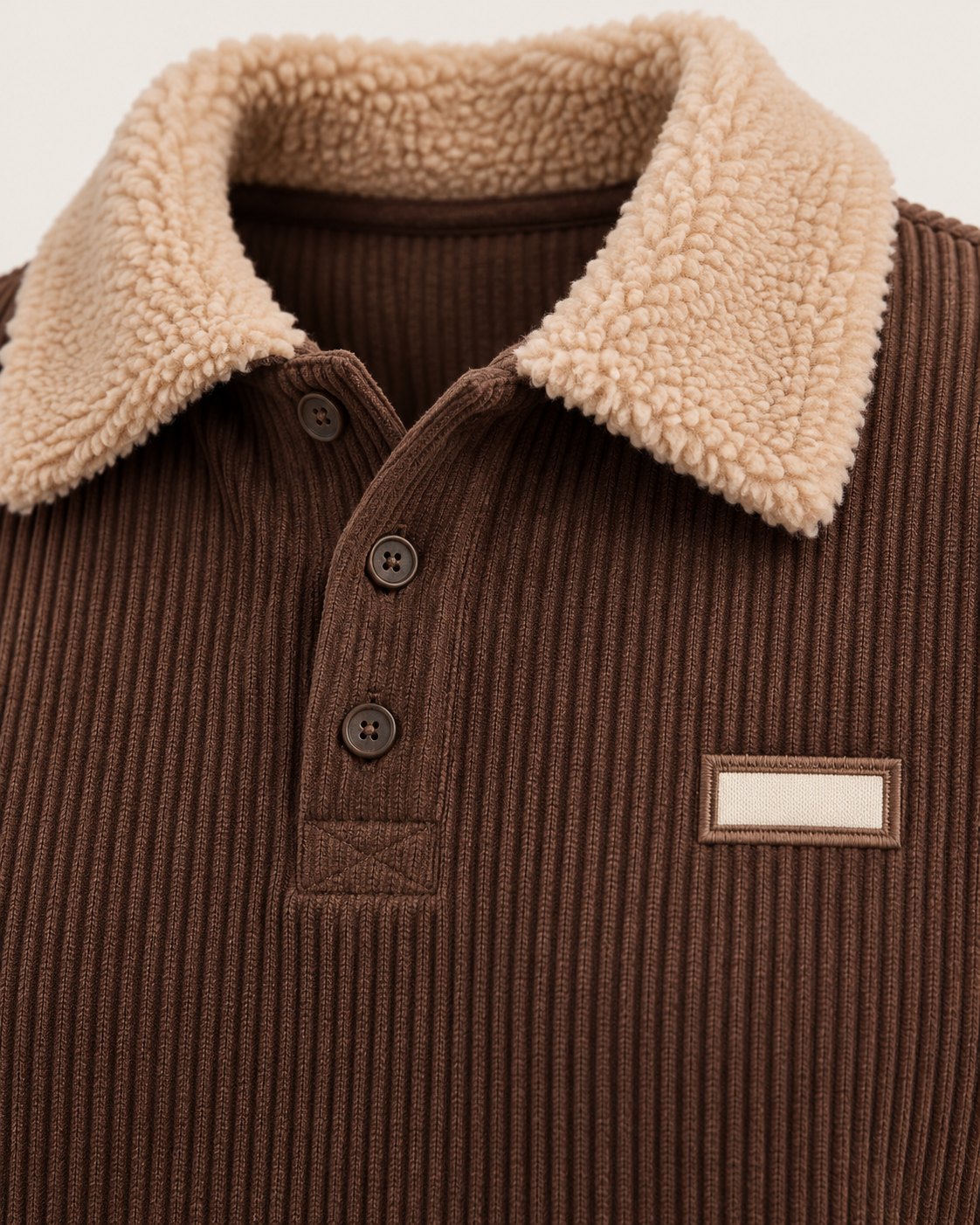 Men's Fleece Collar Ribbed Polo Jumper in Brown, collar detail