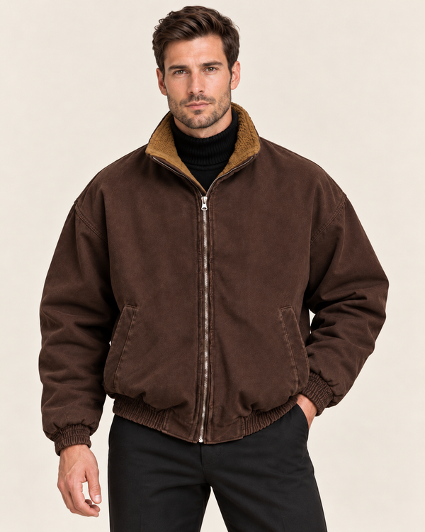 Men's Fleece Lined Bomber Jacket with Stand Collar and Washed Finish in Oxblood