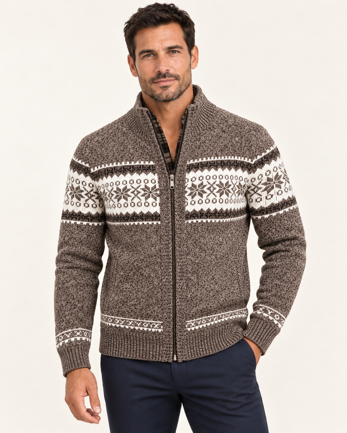 Men's Fleece Lined Fair Isle Zip Cardigan in Brown