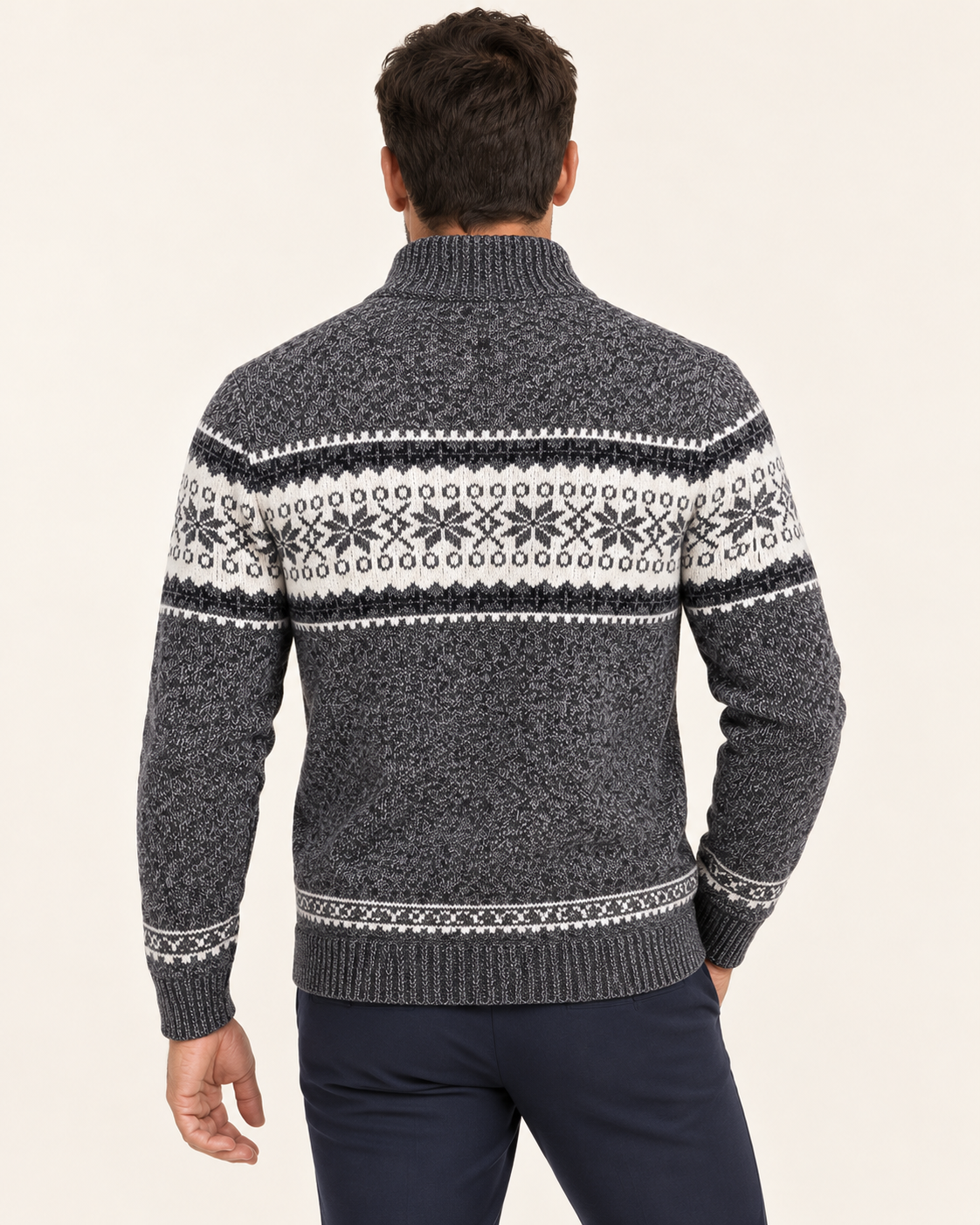 Men's Fleece Lined Fair Isle Zip Cardigan in Dark Grey