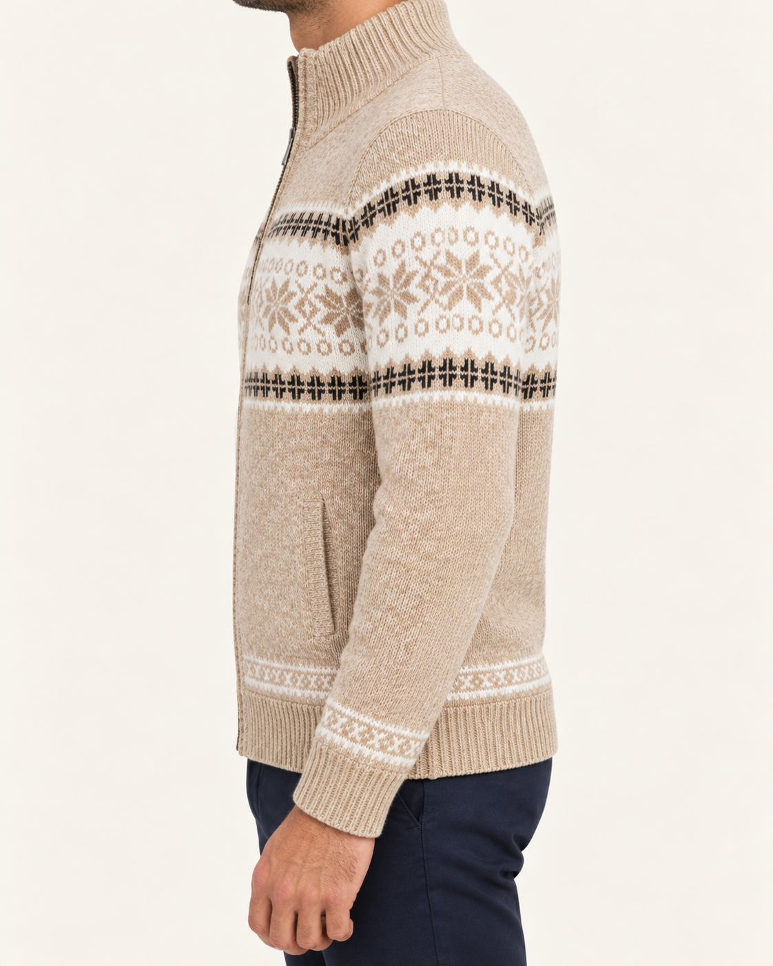 Men's Fleece Lined Fair Isle Zip Cardigan in Beige