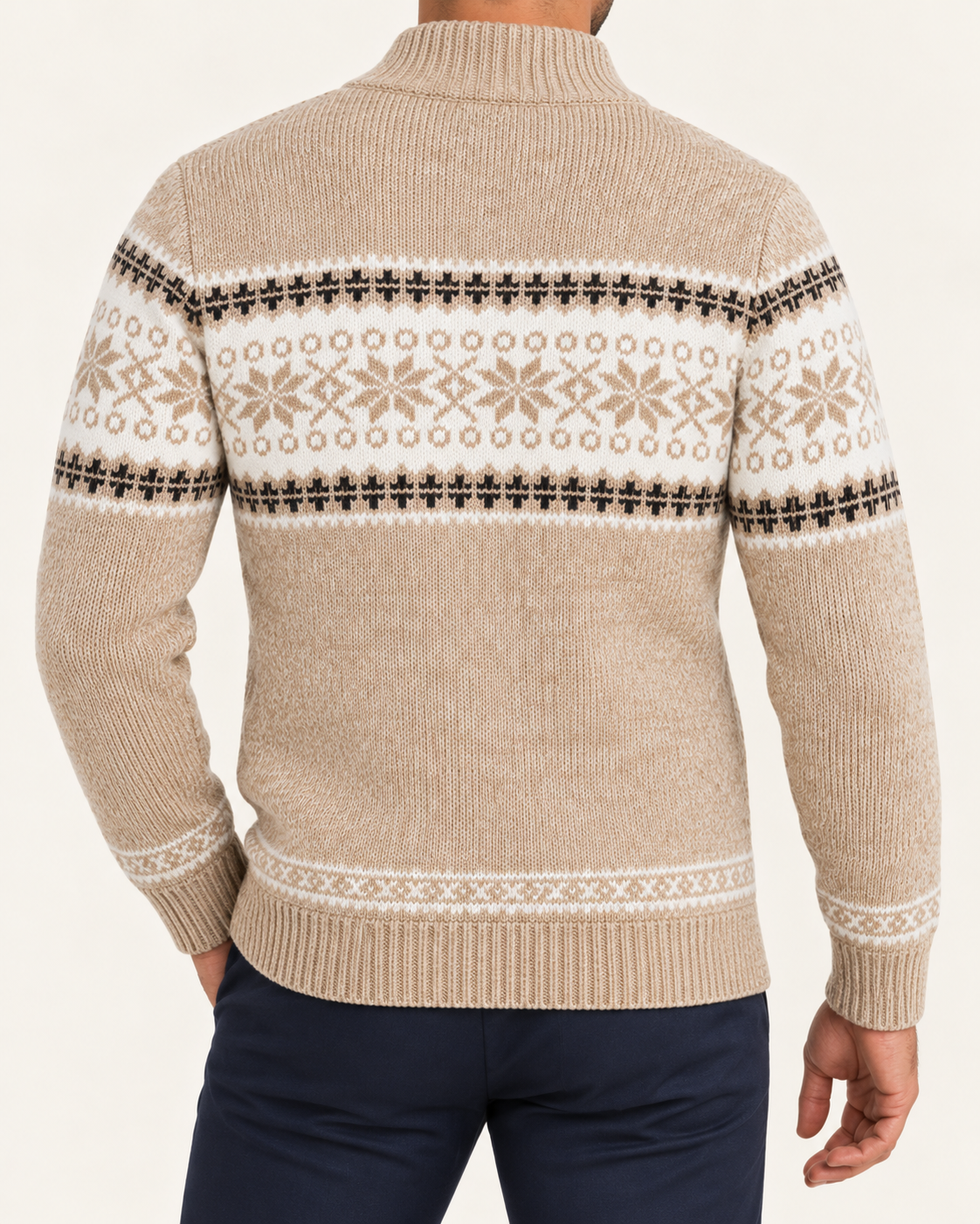 Men's Fleece Lined Fair Isle Zip Cardigan in Beige