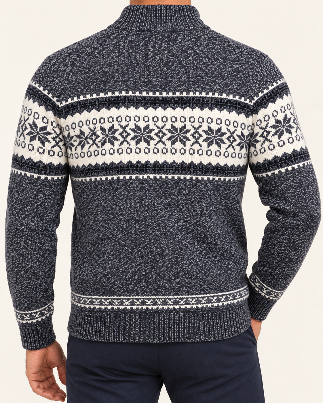 Men's Fleece Lined Fair Isle Zip Cardigan in Navy