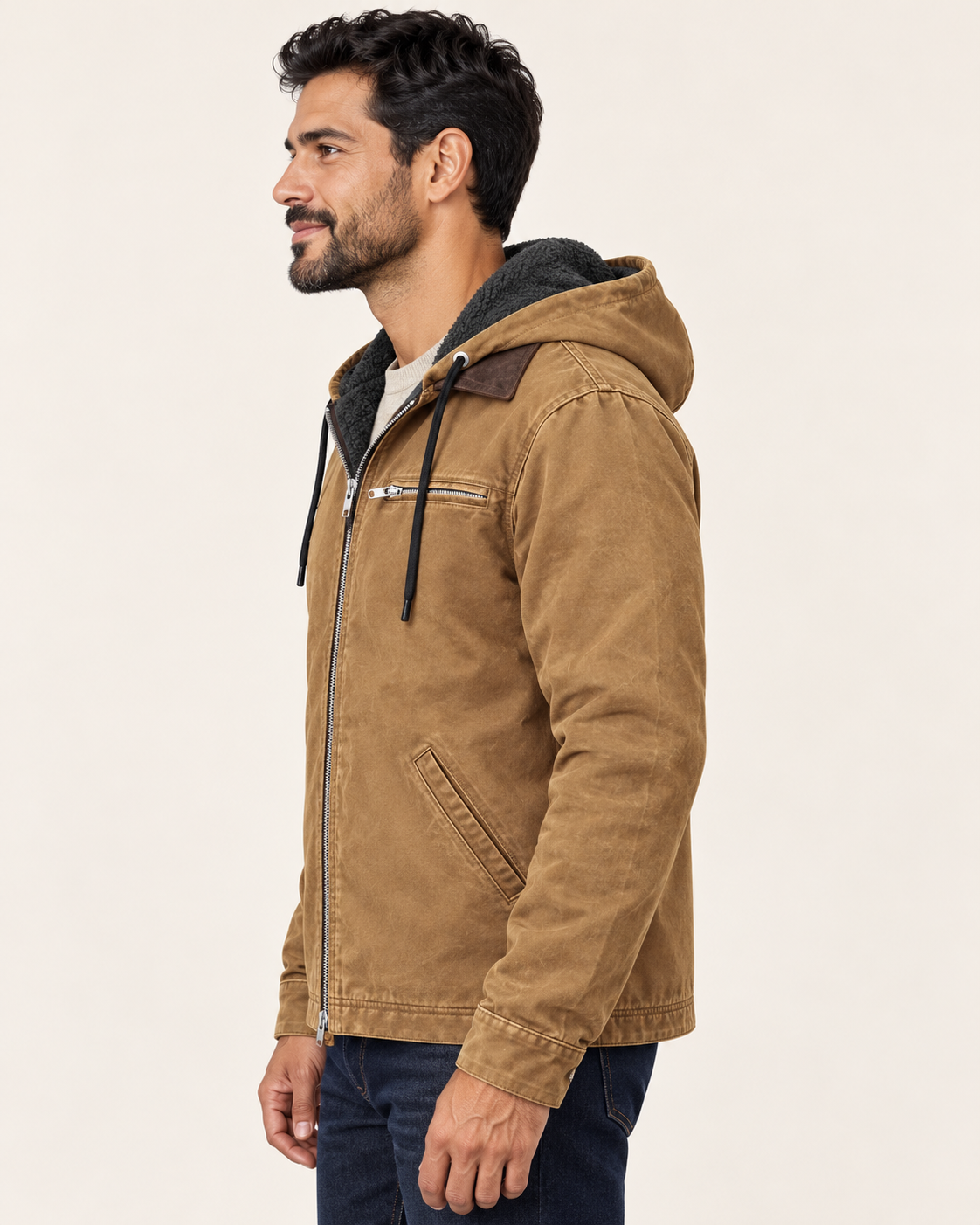 Men's Fleece Lined Hooded Canvas Jacket in Tan, view 2