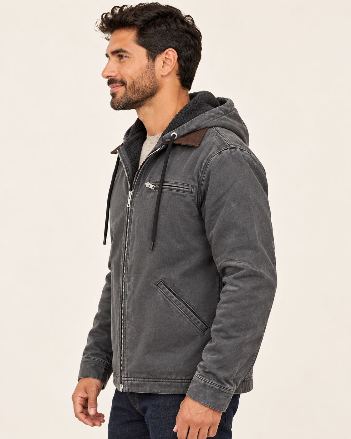 Men's Fleece Lined Hooded Canvas Jacket in Grey, view 2