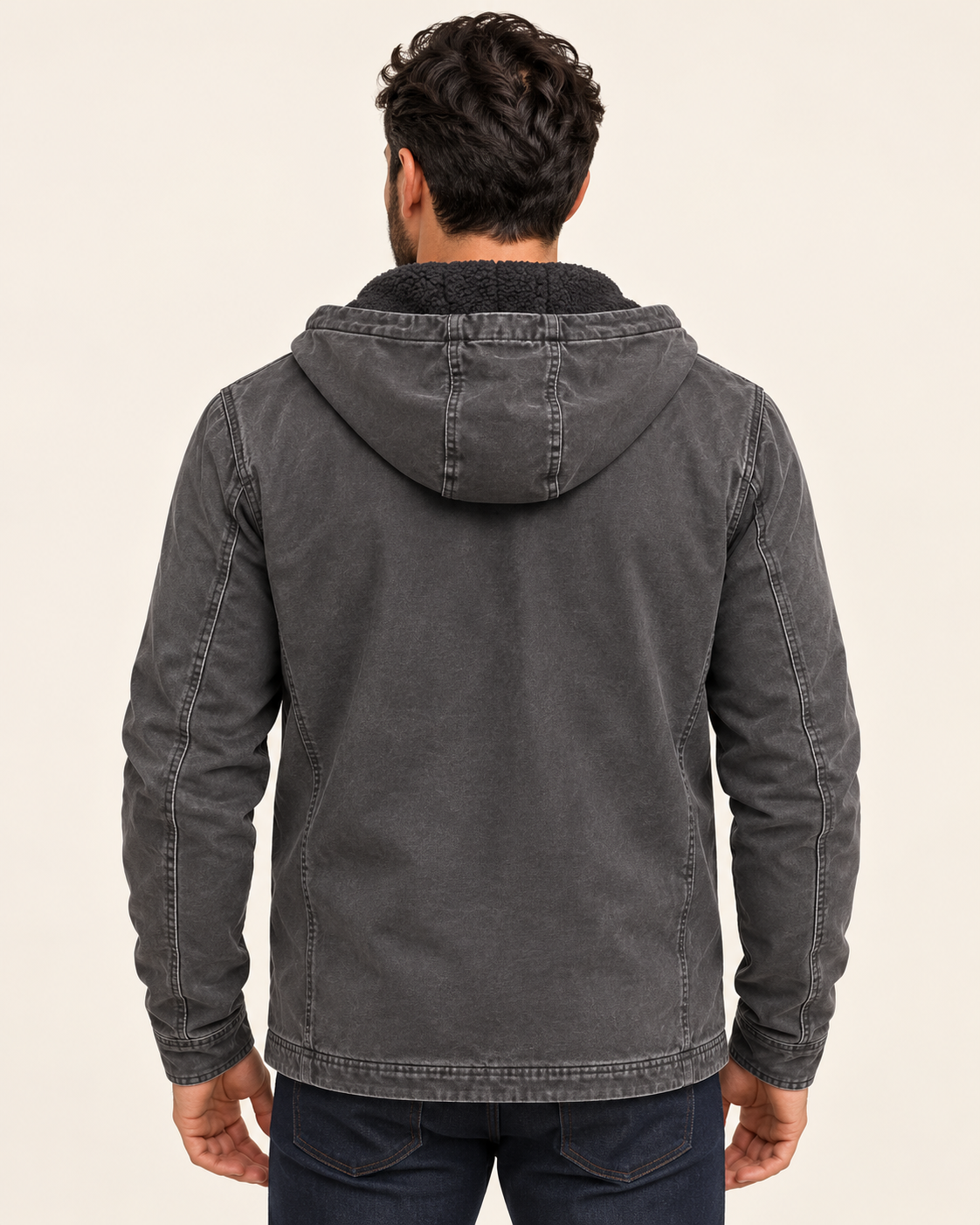 Men's Fleece Lined Hooded Canvas Jacket in Grey, view 3