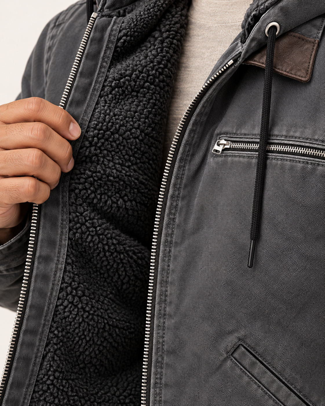 Men's Fleece Lined Hooded Canvas Jacket in Grey, view 4