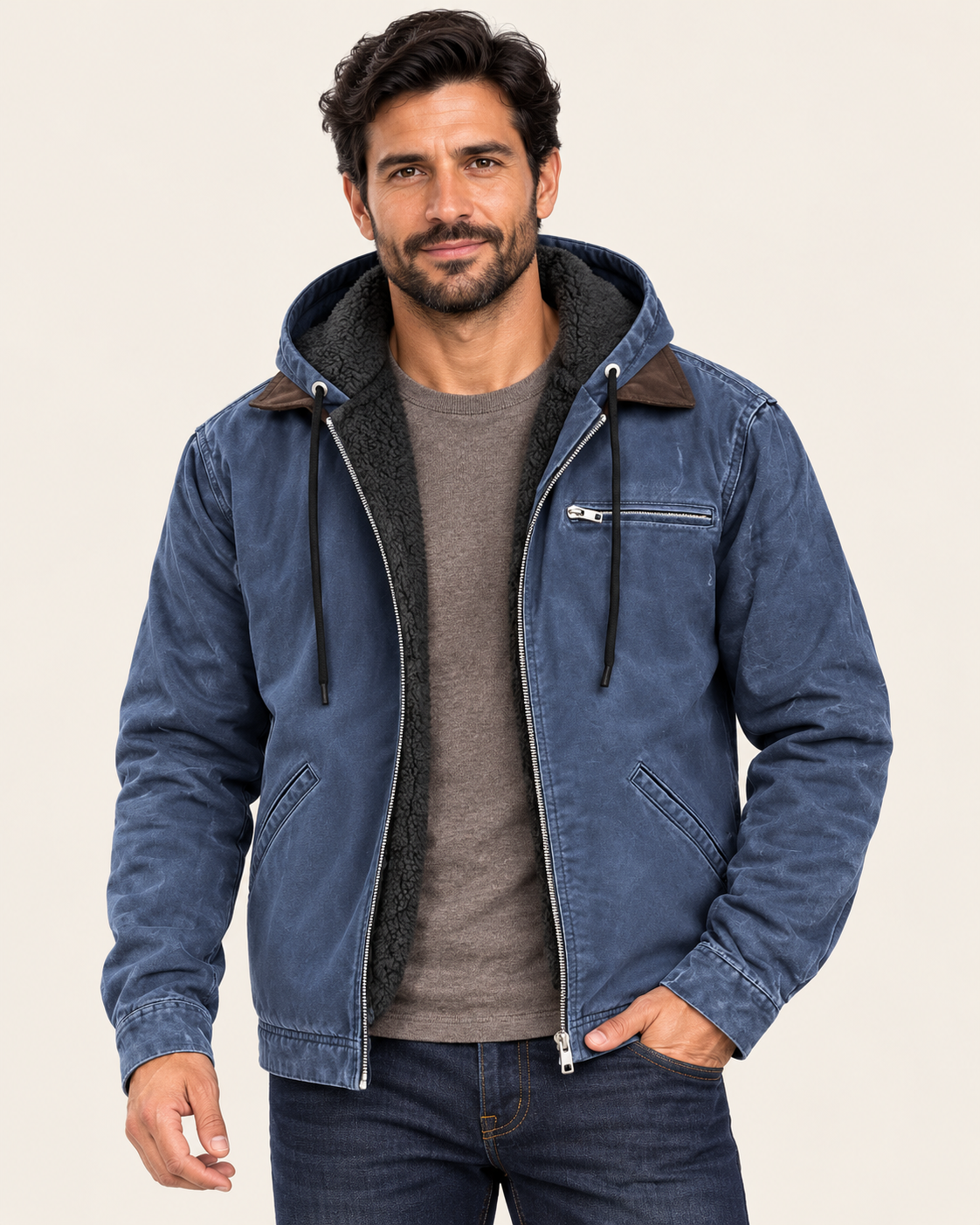 Men's Fleece Lined Hooded Canvas Jacket in Blue