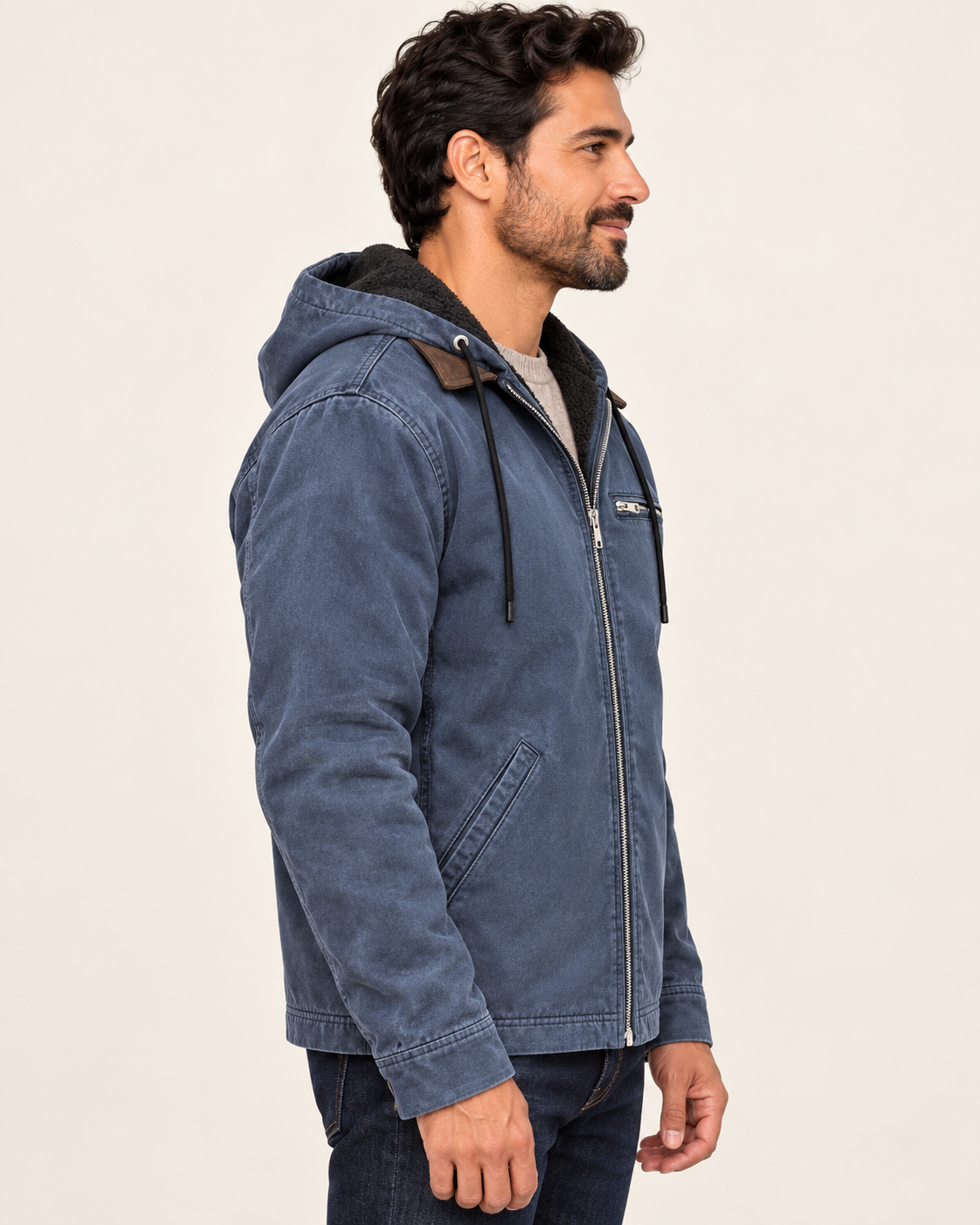 Men's Fleece Lined Hooded Canvas Jacket in Blue, view 2