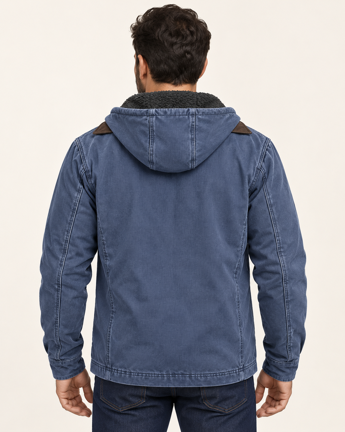 Men's Fleece Lined Hooded Canvas Jacket in Blue, view 3