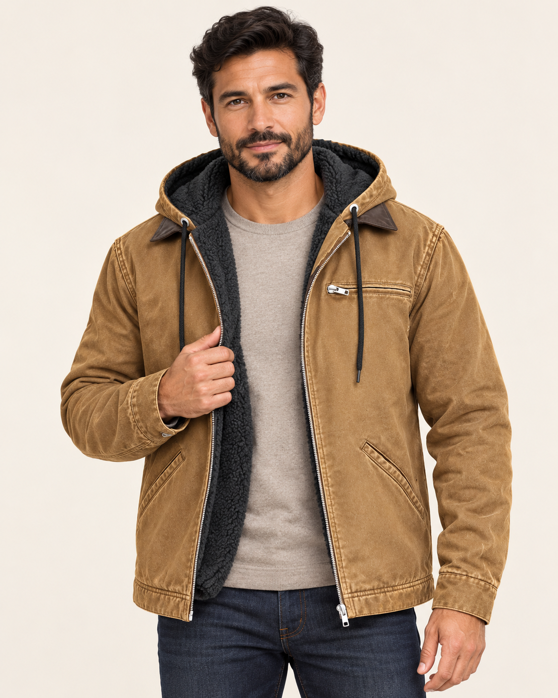 Men's Fleece Lined Hooded Canvas Jacket in Tan