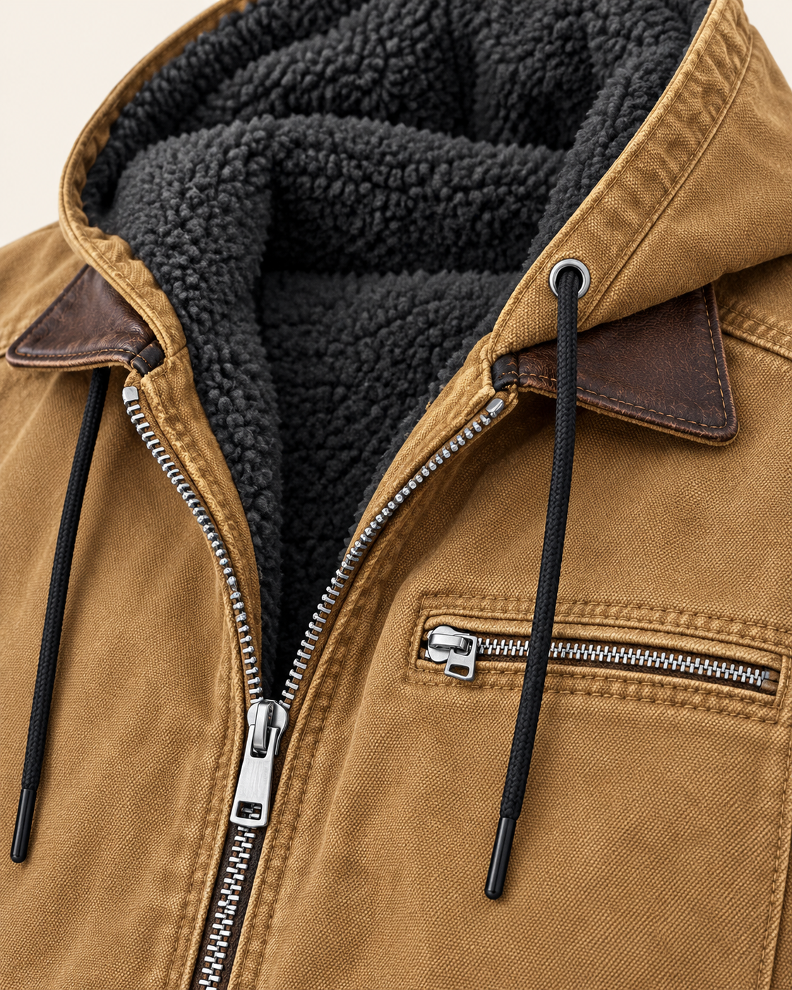 Men's Fleece Lined Hooded Canvas Jacket in Tan, view 4