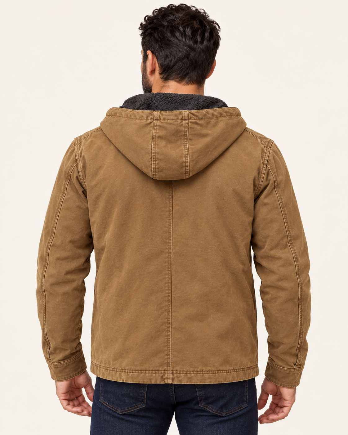 Men's Fleece Lined Hooded Canvas Jacket in Tan, view 3