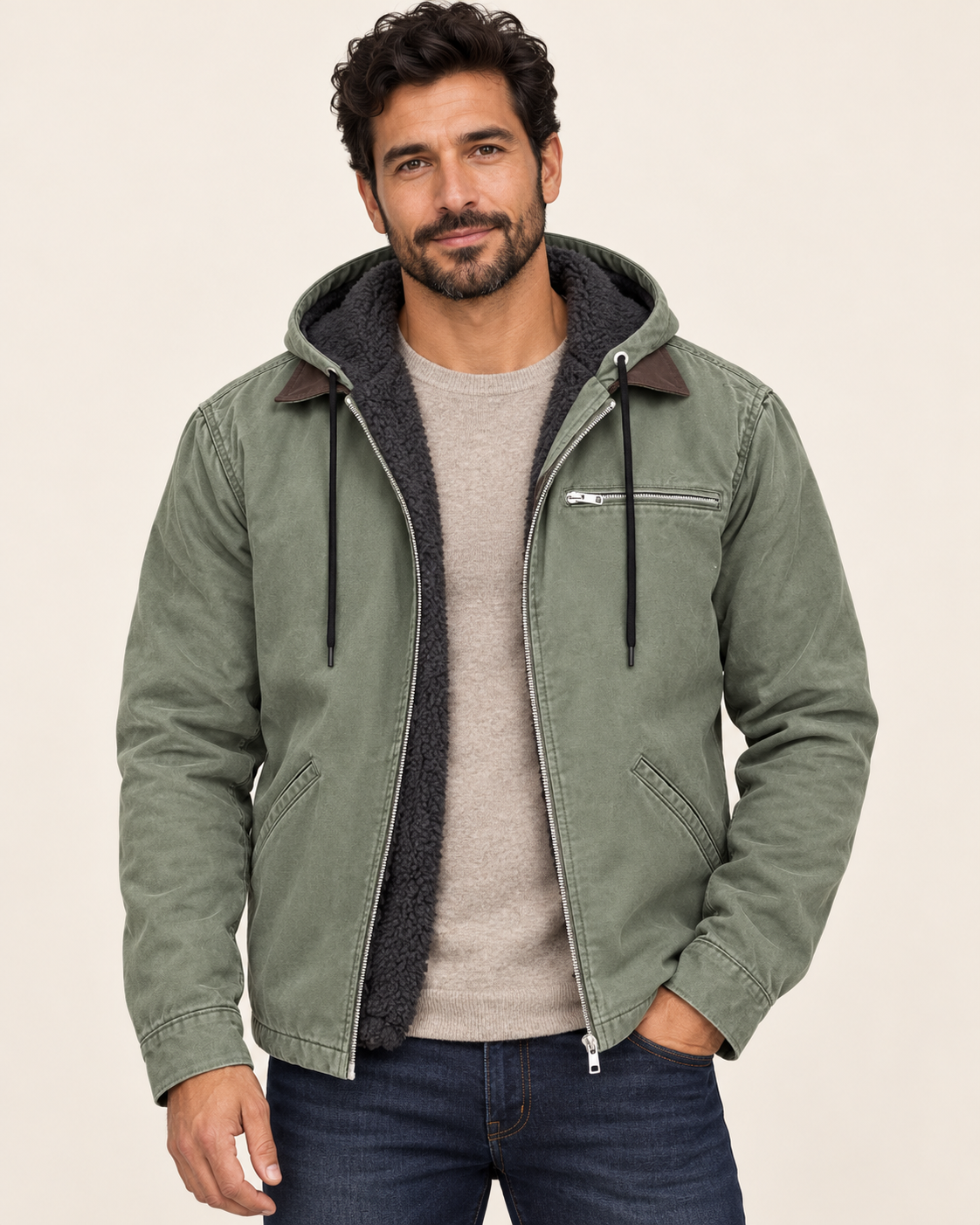 Men's Fleece Lined Hooded Canvas Jacket in Sage Green